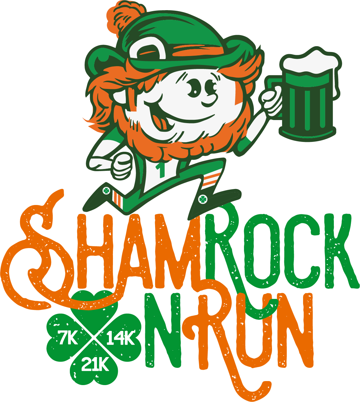 This image shows a graphic of a leprechaun holding a foaming beer atop the text ShamRock N Run with 7k, 14k and 21k in a four-leaf clover.