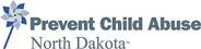 This image shows a logo with a blue and silver pinwheel with text reading Prevent Child Abuse North Dakota