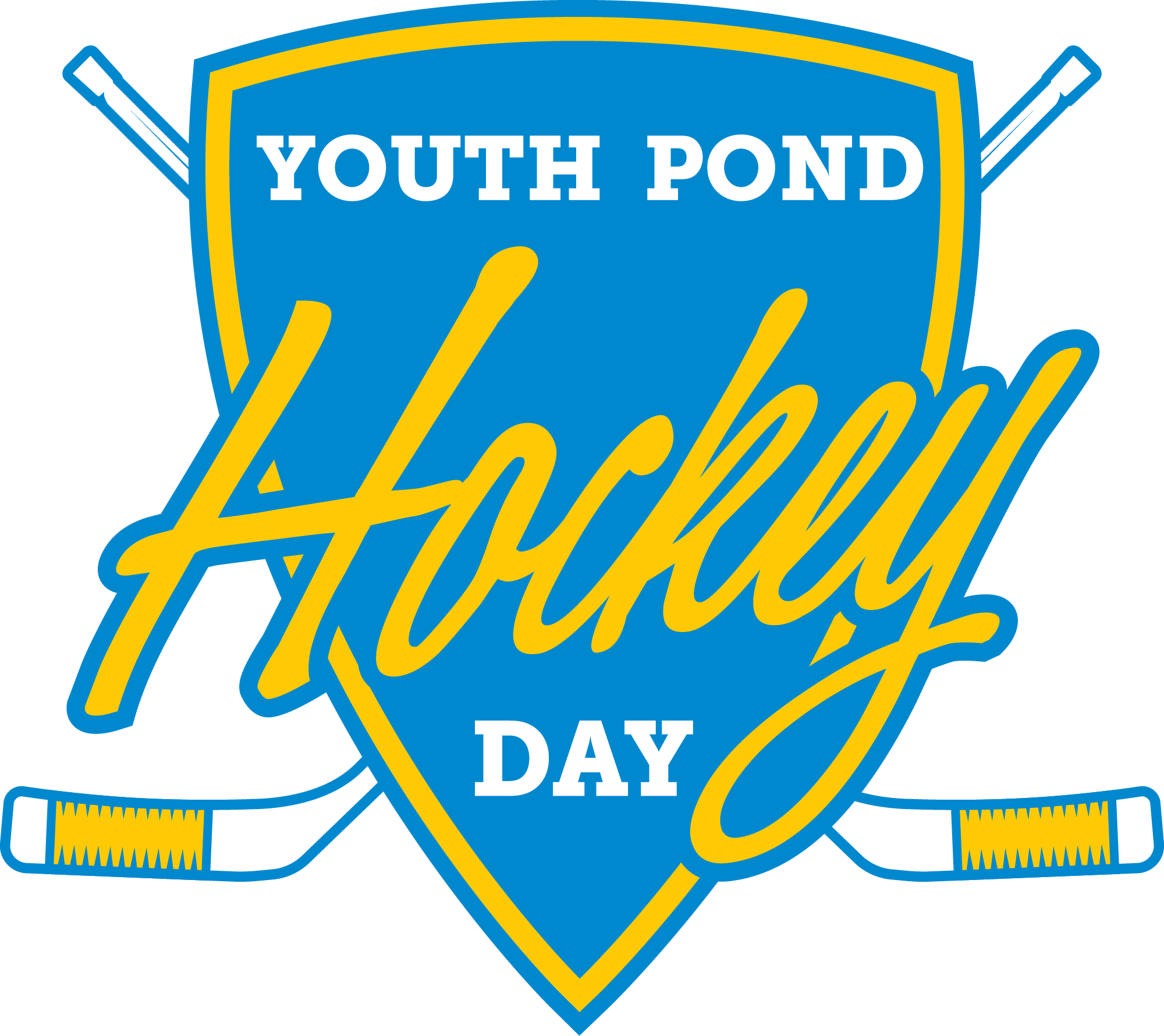 Youth Pond Hockey Day - Logo - Youth Pond in white font, Hockey in yellow script font and Day in white font, all over a blue shield that is set over two white hockey sticks with yellow tape