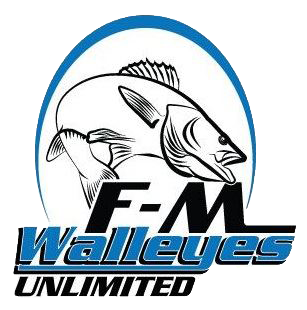Fish jumping out of the F-M Walleyes Unlimited logo