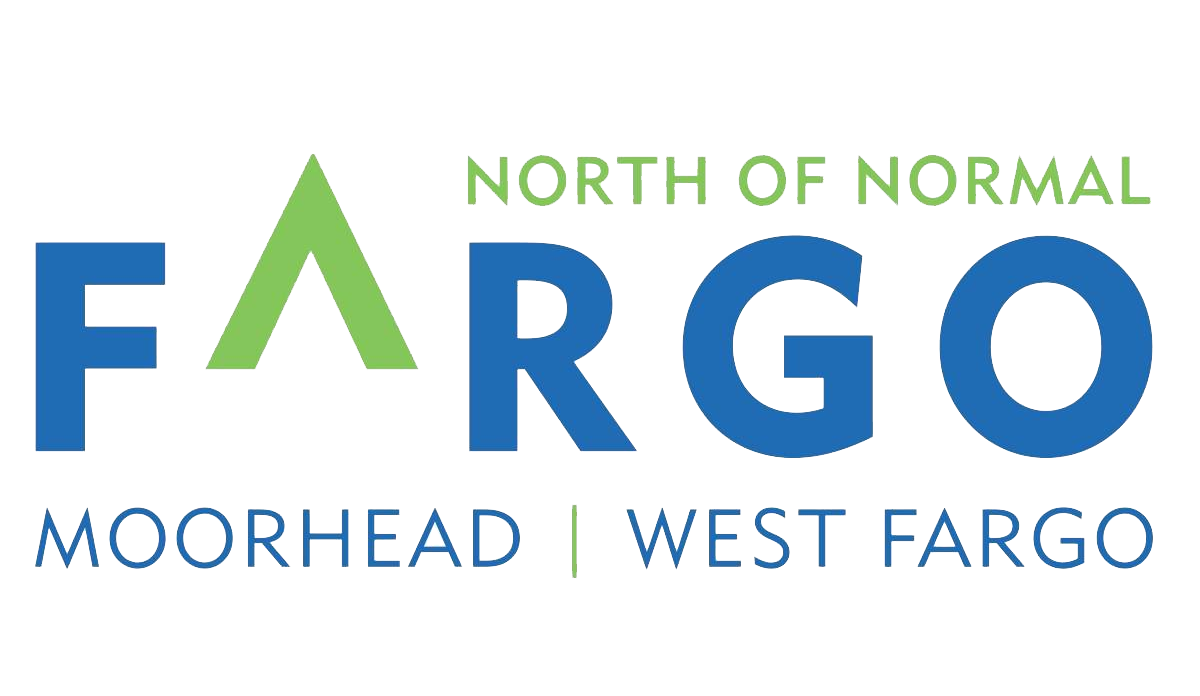 Logo for Fargo-Moorhead-West Fargo Convention & Visitors Bureau. The word “FARGO” is in bold blue letters with a green stylized "A" resembling an upward arrow. Above it, in green, is the phrase “North of Normal.” Below, in smaller blue text, it says “MOORHEAD | WEST FARGO.
