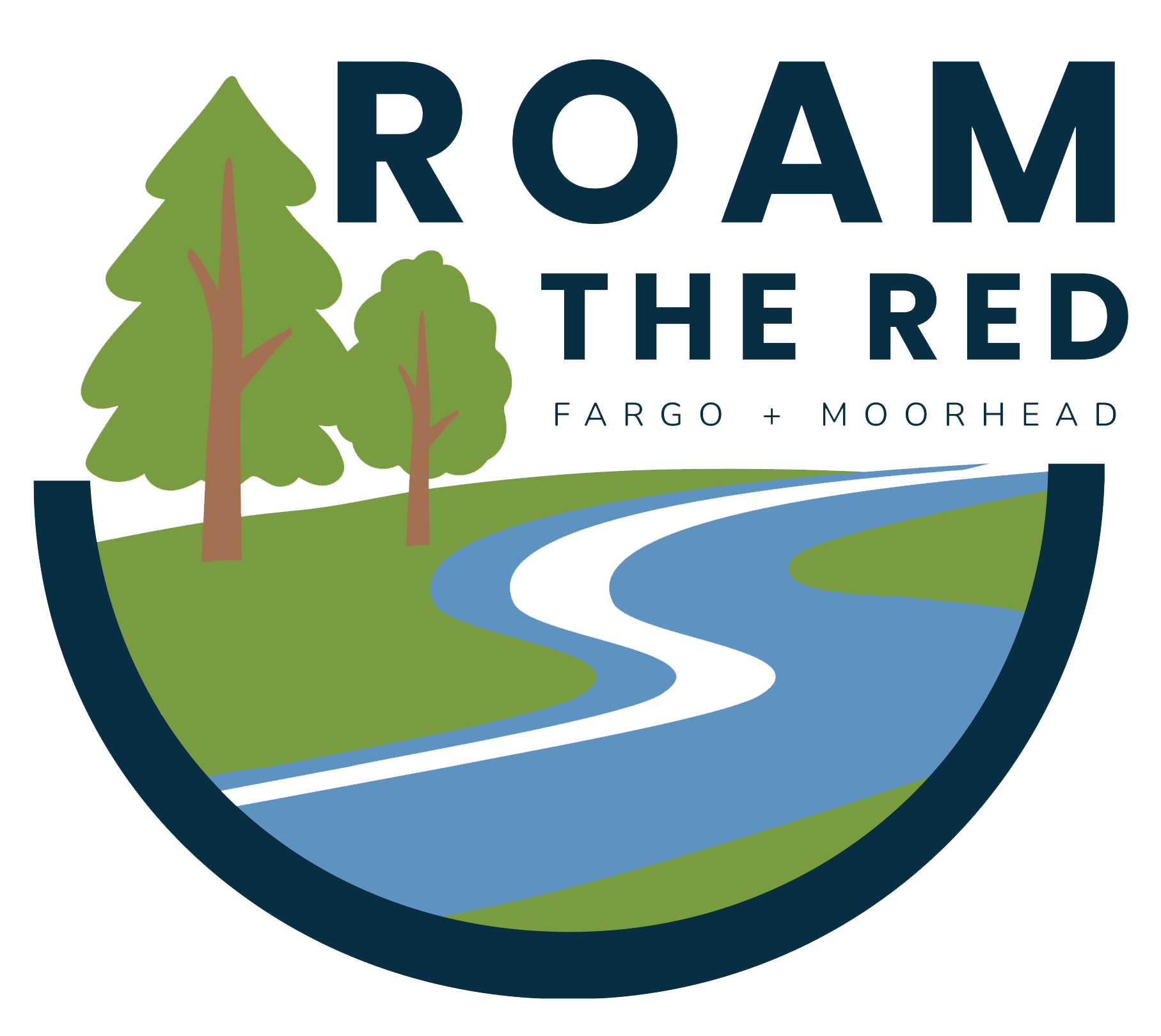 Roam the Red logo featuring a winding blue river and green trails with three trees in the background. The text reads “Roam the Red – Fargo + Moorhead.