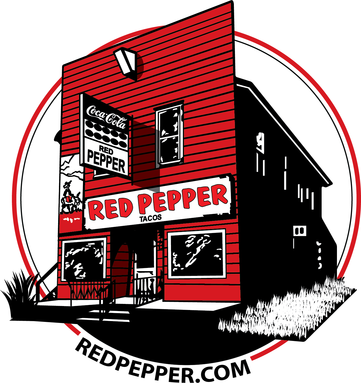 Illustrated logo of the Red Pepper Tacos restaurant showing a red, two-story building with a ‘Red Pepper Tacos’ sign and a Coca-Cola Red Pepper marquee sign. The building is shown in bold red, black, and white graphic style, with the text ‘redpepper.com’ below.