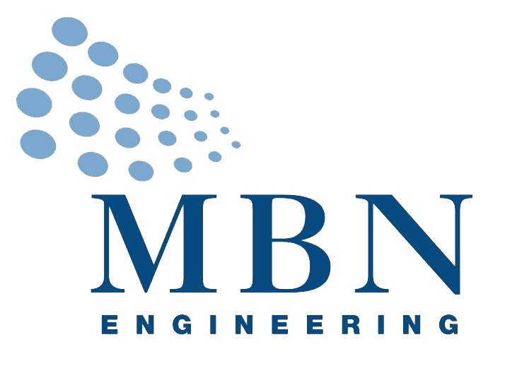 Logo for MBN Engineering featuring blue letters “MBN” with a dotted design above and the word “Engineering” below.