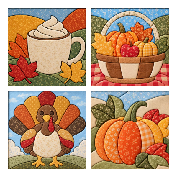 Examples of harvest kinusaiga designs, including a fall coffee mug, a basket of fall fruits, a Thanksgicing turkey, and a harvest pumpkin.