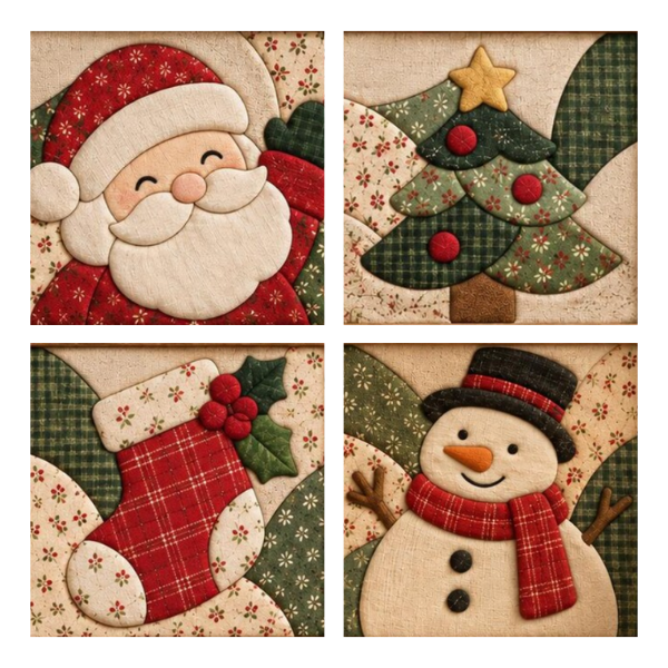 Examples of holiday kinusaiga designs including Santa, a Christmas tree, a stocking, and a holiday snowman.