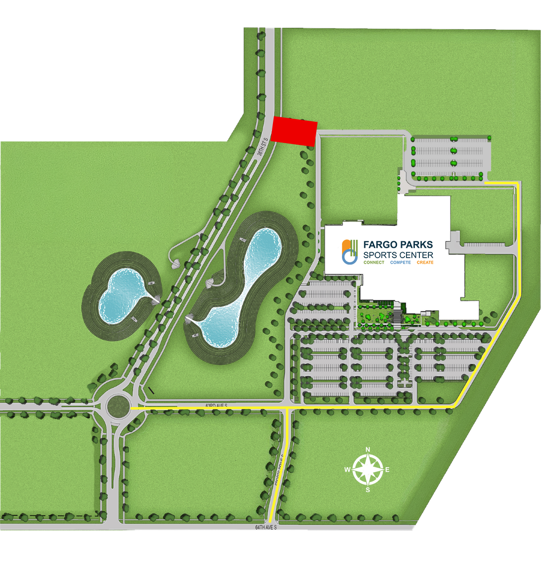 Fargo Parks Sports Center construction notice showing a site map with the north entrance highlighted in red. The north entrance will be under construction August 24 through September 3.