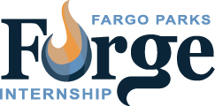 Logo: FARGO PARKS Forge INTERNSHIP - with the O in Forge as a flame that starts as dark blue then moves to light blue and then orange
