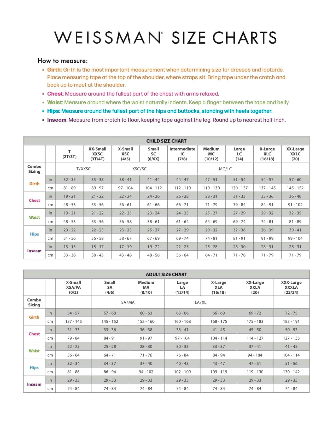 Measurements and Size Chart