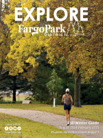 EXPLORE - Fargo Park District logo - Image of a woman running through a park with lots of yellow leaves on the trees. - Fall/Winter Guide - August 2024-February 2025 Program registration begins August 1 - Connect with us - facebook, instagram, youtube and linked in icons, FargoParks.com