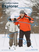 Cover of the Fargo Parks Explorer activity guide for August 2025–February 2026. A smiling man and woman are cross-country skiing through snow-covered trees, dressed in winter gear. A winding blue path overlays the image, connecting park names: Trollwood, Lindenwood, Lions Conservancy, and Urban Plains. Text reads: “The Fargo Parks Explorer,” “Map Your Next Adventure,” and “Activity Guide August 2025–February 2026.” Fargo Park District logo is in the top right corner.