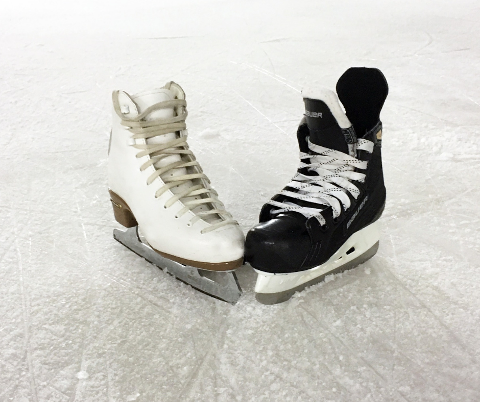 This image shows a ice skating and hockey skate on ice.