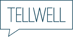 This image shows the Tellwell logo. It is a blue speech box with the word Tellwell inside of it.
