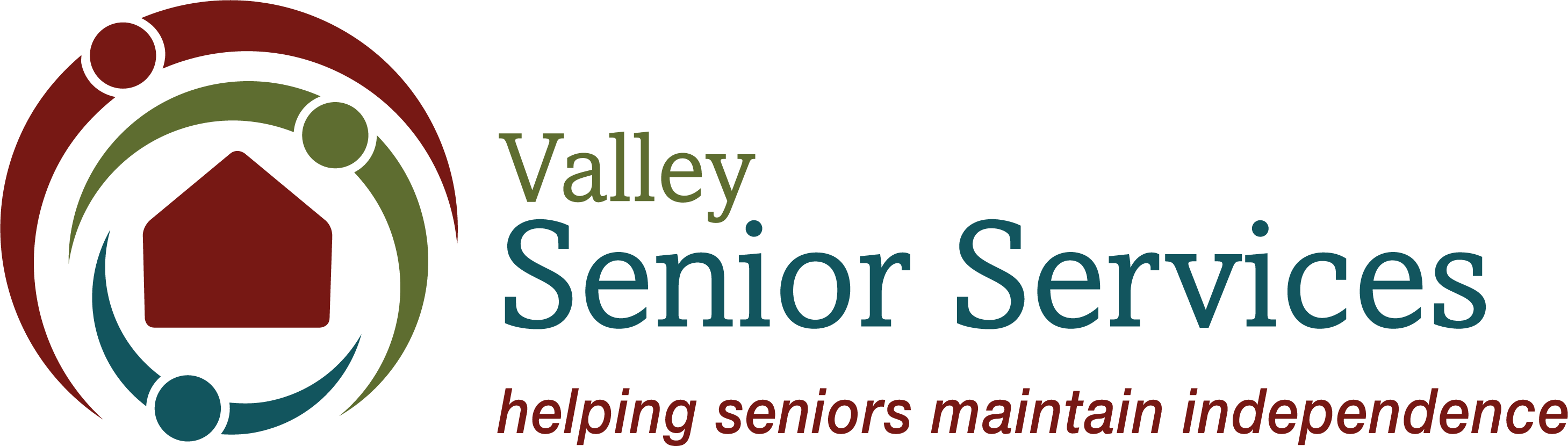 Valley Senior Services Logo with House surrounded by 3 semi circles in maroon, olive green and dark teal with wording helping seniors maintain independence under