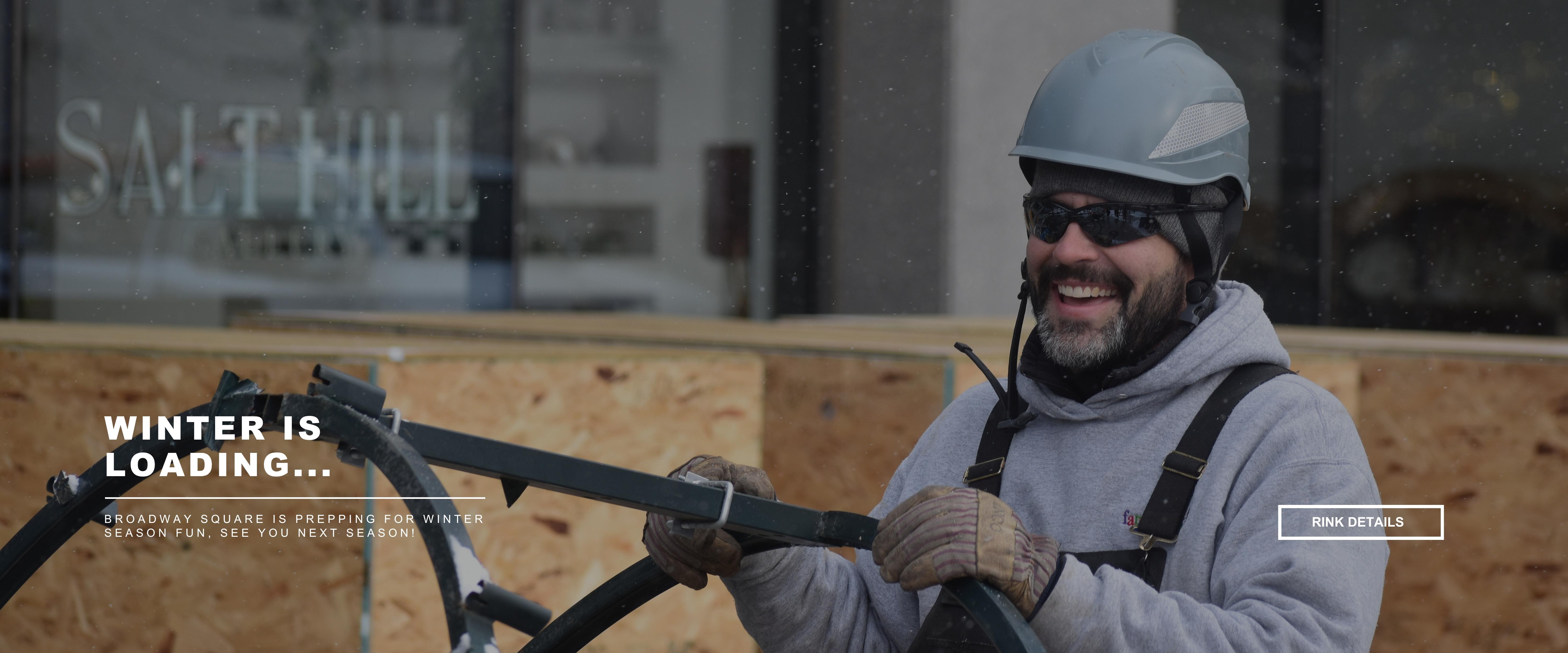 This image shows a photo of fargo parks staff setting up for winter, the text says winter is loading and a button to click for ring details