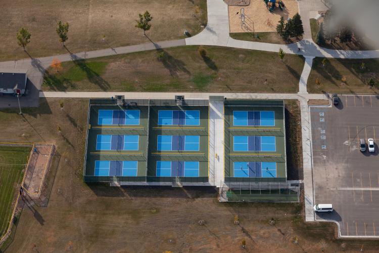 This image shows an aerial view of Brunsdale pickleball courts