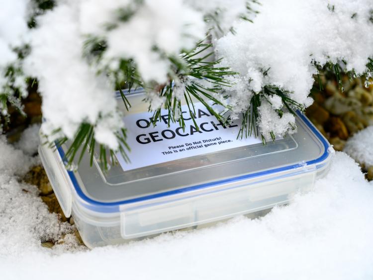 A plastic box with a label on the lid "Official Geocaching" under a snow covered pine tree