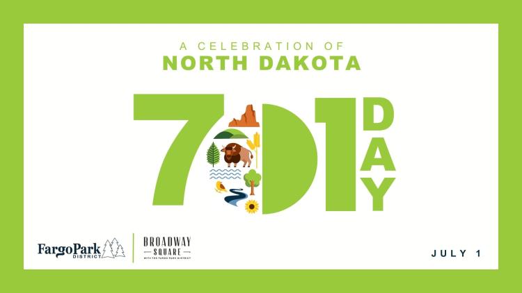 This image shows the 701 Day logo with the fargo parks logo and broadway square logo with the date July 1