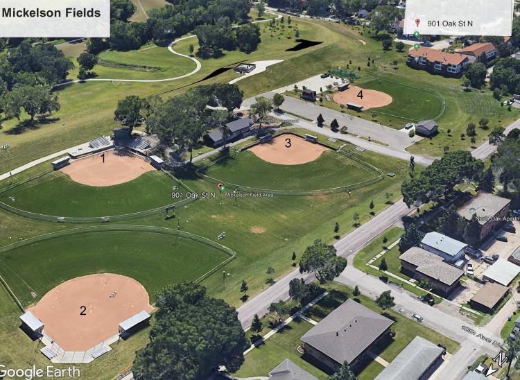 Overhead view of numbers of 4 Mickelson softball fields.