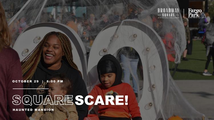 This image shows a family enjoying square scare with text that says October 29 and playing the movie the haunted mansion