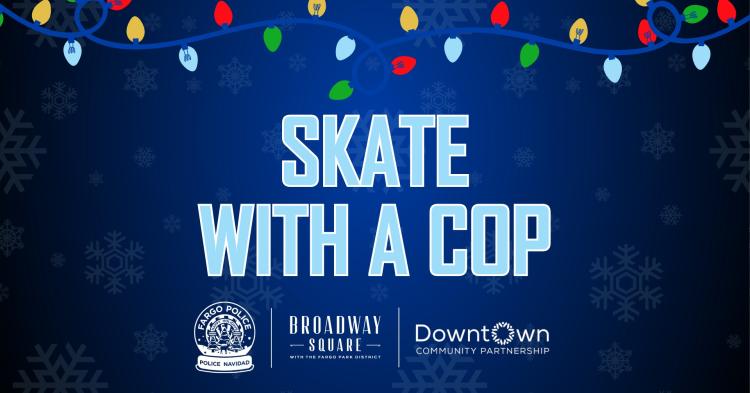 this image shows holiday lights with text that says "skate with a cop"