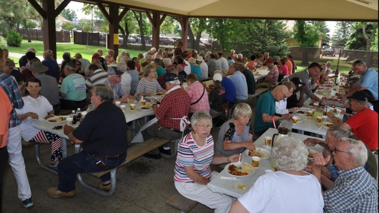 A large group of older adults gathers under a park shelter, eating a meal and socializing at rows of picnic tables.