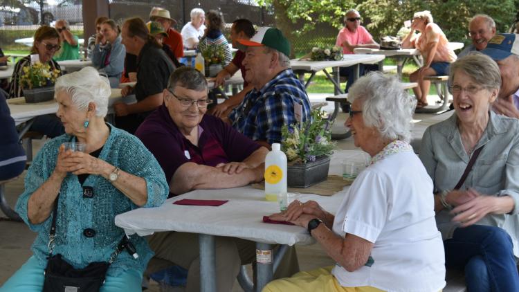 Older adults sit around picnic tables under a park shelter, smiling and talking together during an outdoor social gathering.