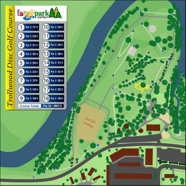 This image shows a map of the Trollwood Disc Golf Course.