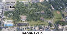 This image shows an aerial view map of Island Park.