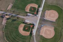 This image shows an aerial view of baseball and softball fields at Brunsdale Park