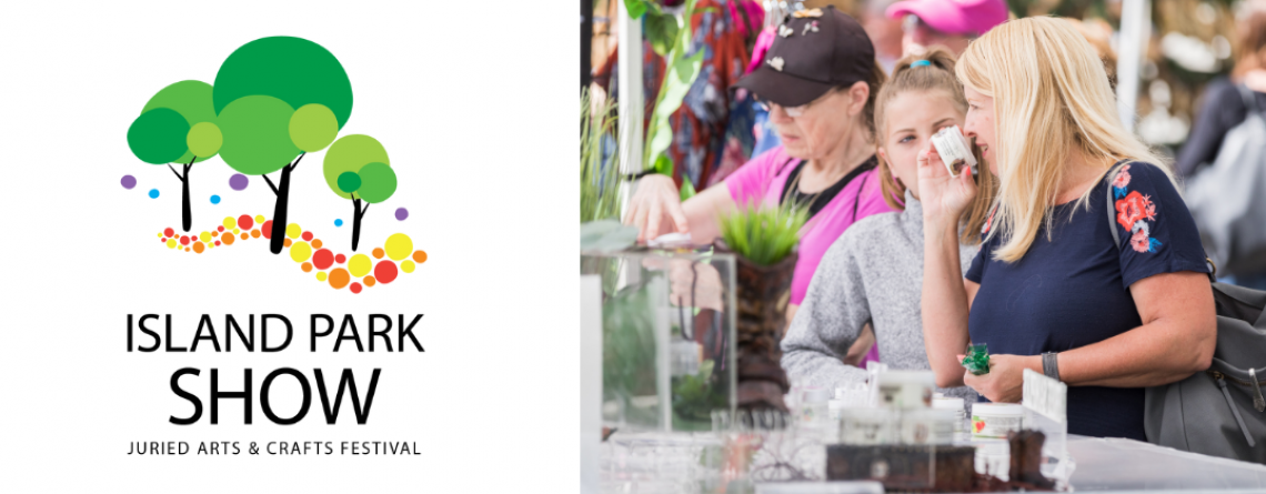 This image shows a woman smelling something at Island Park Show. 