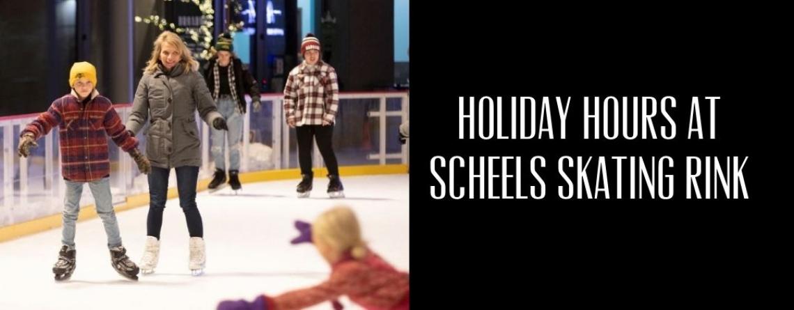 This image shows a graphic of Holiday Hours at Broadway Square's SCHEELS Skating Rink.