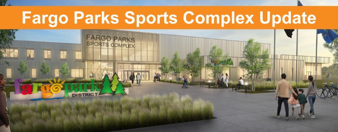 This image shows a graphic of the front of the Fargo Parks Sports Complex building. 