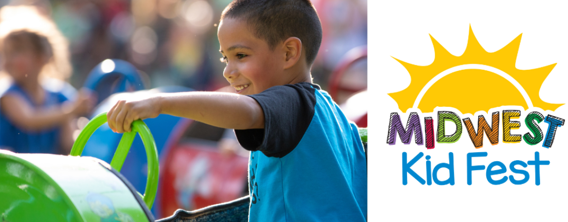 This image shows the logo for Midwest Kid Fest alongside a photo of a young boy smiling as he steers the kid train car.