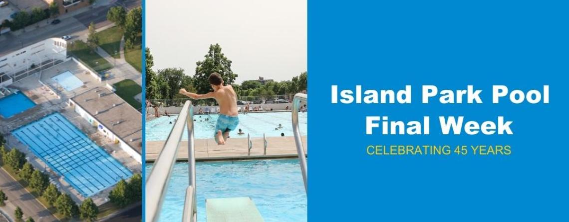 This photo shows an aerial view of Island Park Pool and a child jumping off the diving board 