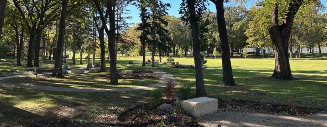 Island Park in the early fall with the new addition, Radiating Well-Being Paths. 