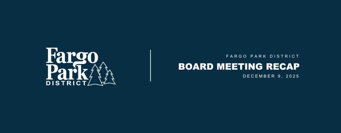 dark blue image with fargo parks white logo on screen