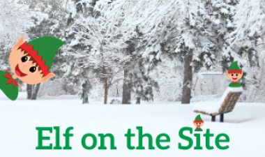 This image shows and elf popping onto a snowing background with the word Elf on the Site.