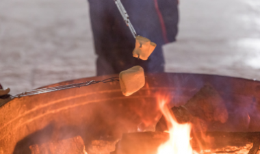 This image shows a picture of a marshmallow roasting on an open fire.