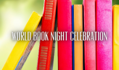 This image shows a graphic of World Book Night Celebration, an event at Broadway Square.
