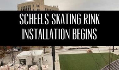 This image shows a graphic of the SCHEELS Skating Rink Install beginning at Broadway Square.