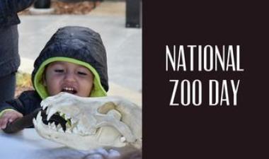 This graphic shows a kid smiling at an animal skull on display with the text National Zoo Day.