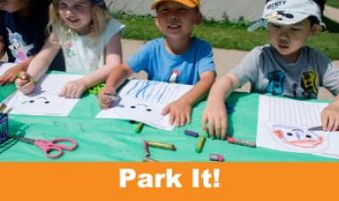 This image shows a graphic of "Park It!" below a photo of four kids at a craft table coloring on a page printed with a cartoon jellyfish.