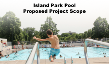 Photo shows kid jumping from diving board with text that reads "Island Park Pool Proposed Project Scope."