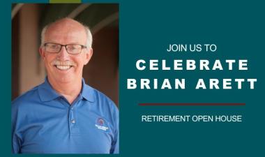 Picture of Brian Arett on blue background with white writing that say join us to celebrate Brian Arett Retirement Open Hosue