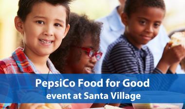 Three children eating lunch in cafeteria, with boy looking out and two children in background, PepsiCo Food for Good event at Santa Village in white with blue rectangle behind