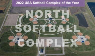 Aerial photo of North Softball Complex with text that says 2022 USA Softball Complex of the Year North Softball Complex