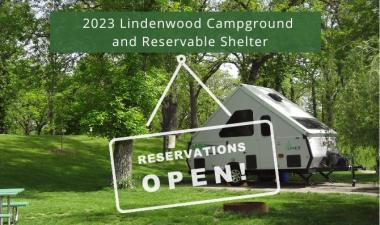 Picture of A-Line Camper in Lindenwood Campground with white text that says "2023 Lindenwood Campground and Reservable Shelter Reservations Now Open