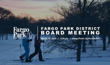 Winter sunset with two snowshoers behind fargo parks logo 