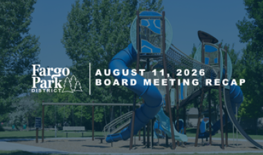 This graphic shows a playground with text that reads "Fargo Park District Board Meeting Recap."
